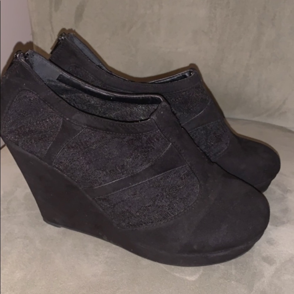 Women’s Black Lace and Suede Wedge Booties